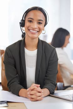 Call center, woman and smile portrait for customer service, support and telemarketing. Face of happy female agent or consultant with a headset for telecom sales, crm or help desk for advice.