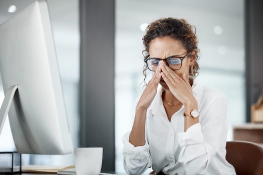 Business woman with headache, stress and fatigue with pain, mental health and crisis at office. Problem in workplace, mistake and female employee is frustrated with migraine and corporate burnout.
