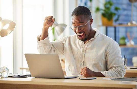 Black business man, celebration and laptop with smile, winning or excited for profit, trading or promotion. African businessman, winner and celebrate by computer, gambling or esports in modern office.