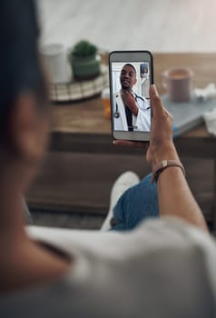 Phone, remote telehealth with a doctor and a patient in the home for healthcare, medical or insurance. Video call, communication and contact with a medicine professional consulting a person online.