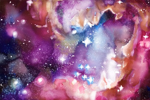 Celestial Watercolor: Exploring Space and Galaxies, watercolor space background, Digital painting.