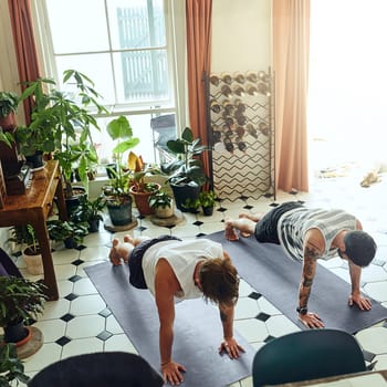Everyday should be yoga day. two young men doing planks during a yoga routine at home