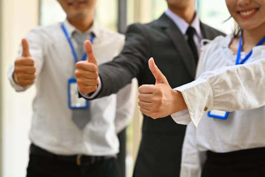 Group of office worker, financiers showing thumb up, gesturing in the positive, affirmative or good choice.