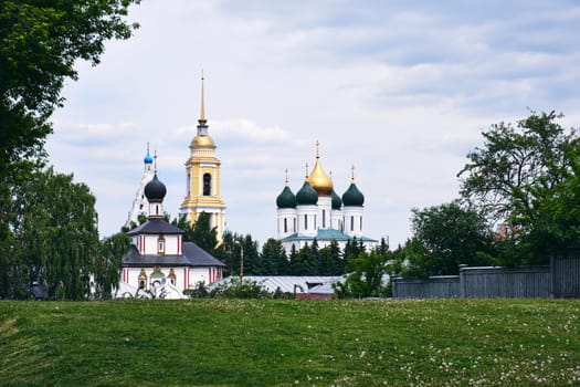 Landscape with a view of the historical buildings of Russia. Orthodox churches and old Russian architecture