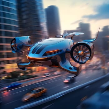 The flying car of the future flies in the city. A vision for the future