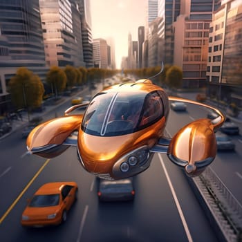 The flying car of the future flies in the city. A vision for the future