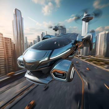 The flying car of the future flies in the city. A vision for the future