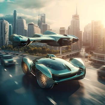 The flying car of the future flies in the city. A vision for the future