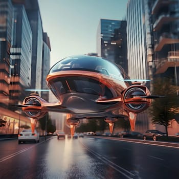 The flying car of the future flies in the city. A vision for the future