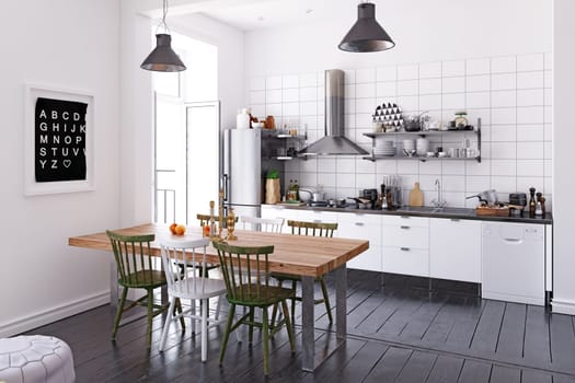 3D illustration of a modern apartment kitchen interior.