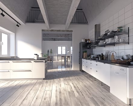 3D illustration of a modern apartment kitchen interior.