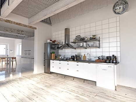 3D illustration of a modern apartment kitchen interior.