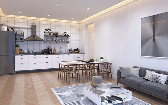 3D illustration of a modern apartment kitchen interior.