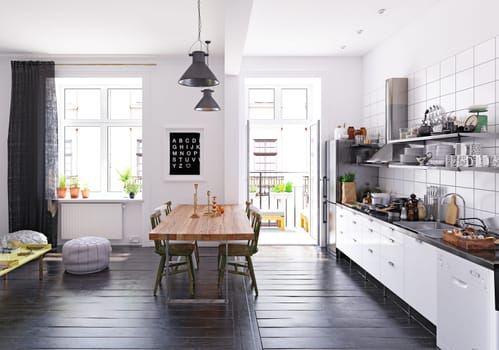 3D illustration of a modern apartment kitchen interior.