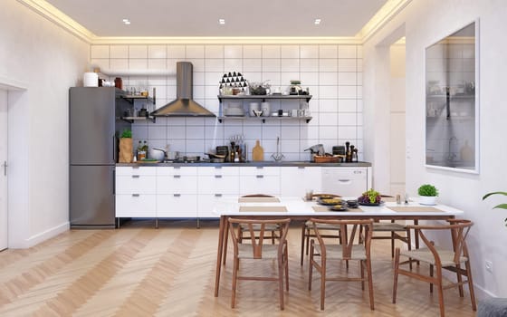 3D illustration of a modern apartment kitchen interior.