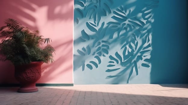 empty table top and blue pattern wall with palm leaf shadows. Place for your product display. Ai Generative.