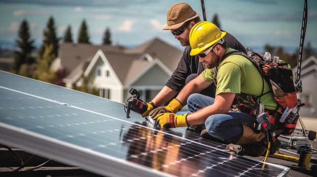 Technology solar cell, Engineer service check installation solar cell on the roof. Ai Generative.