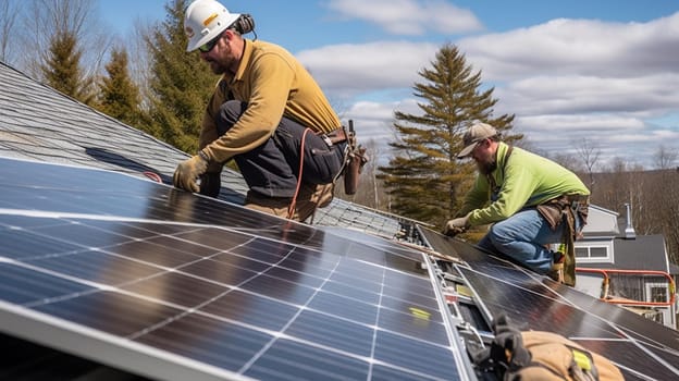 Technology solar cell, Engineer service check installation solar cell on the roof. Ai Generative.