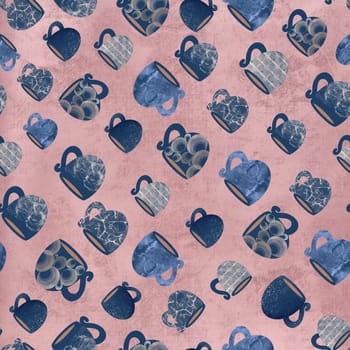seamless pattern of mugs and cups on a pink background. Hand-drawn illustration. Fashionable background for the design of kitchen accessories, napkins, towels, textiles