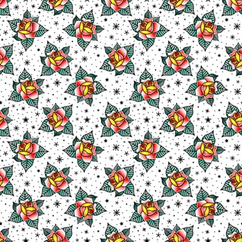 Seamless pattern in the style of old school tattoo with linear roses.