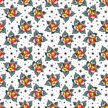 Seamless pattern in the style of old school tattoo with linear roses.