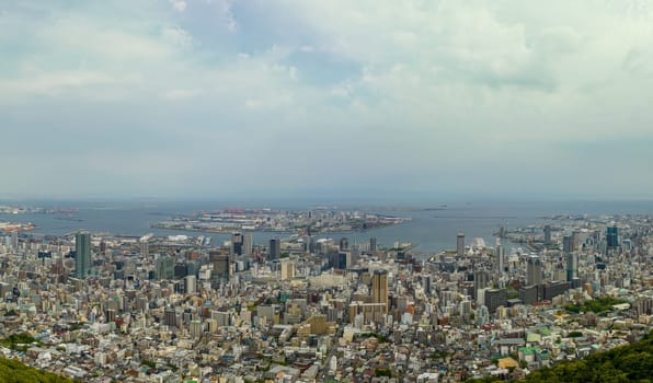 Modern high rise buildings in central Kobe City on sunny day. High quality photo