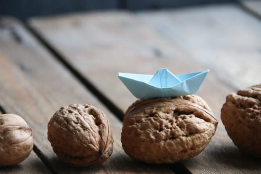 Leadership creative concept. Nuts and a paper boat.