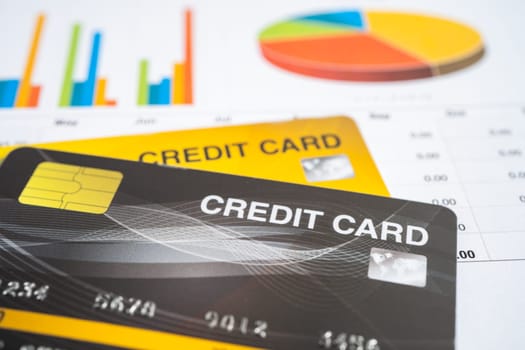 Credit card model on chart and graph spreadsheet paper. Finance development, Banking Account, Statistics, Investment Analytic research data economy, Stock exchange trading, Business company concept.
