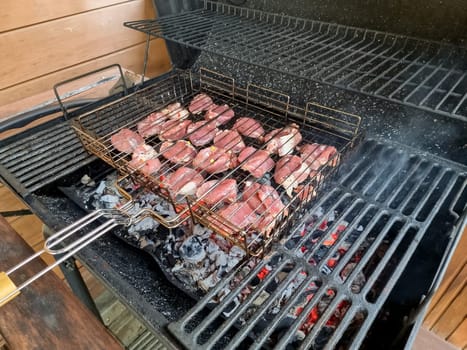 Assorted delicious grilled meat with vegetables over the coals on barbecue