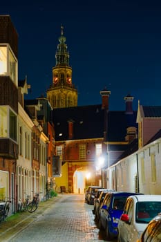 Groningen, Netherlands night Cityscape photographed at night. Groningen during a clear evening in autumn, summer. City centre of Groningen Netherlands at night