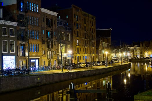 Groningen, Netherlands night Cityscape photographed at night. Groningen during a clear evening in autumn, summer. City centre of Groningen Netherlands at night