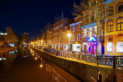 Groningen, Netherlands night Cityscape photographed at night. Groningen during a clear evening in autumn, summer. City centre of Groningen Netherlands at night