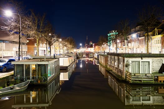 Groningen, Netherlands night Cityscape photographed at night. Groningen during a clear evening in autumn, summer. City centre of Groningen Netherlands at night