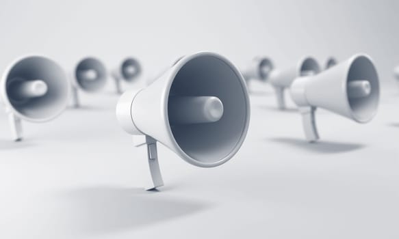 Multiple megaphones in grid on white background. 3D illustration.