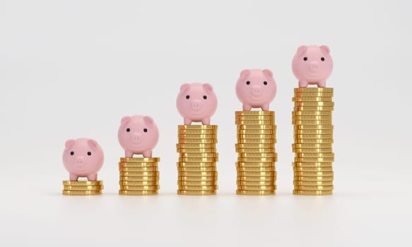 Pink piggy banks on Stack of gold coins. Saving money and Financial planning concept. 3D rendering.