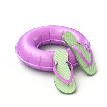 Purple float ring and slippers 3D rendering illustration isolated on white background