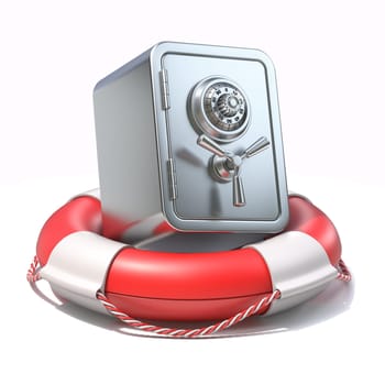 Steel safe in lifebuoy 3D rendering illustration isolated on white background