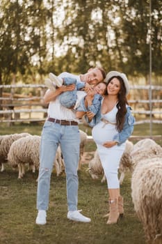 Stylish family in summer on a village farm with sheep.