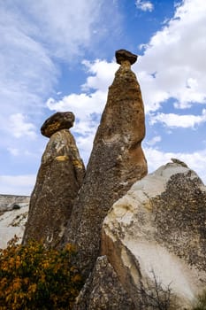 Mushroom-shaped rocks in Cappadocia, Turkey. Mushroom-shaped mountains