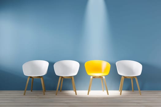 Row of chairs with one odd one out. Job opportunity. Business leadership. recruitment concept. 3D rendering