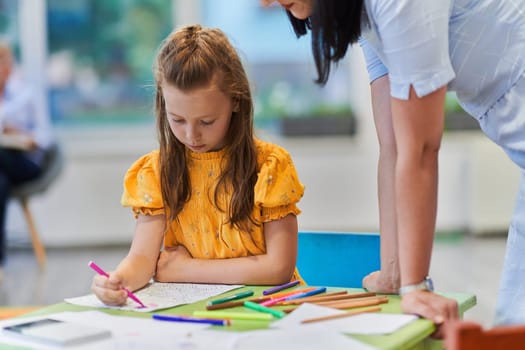 Creative kids during an art class in a daycare center or elementary school classroom drawing with female teacher