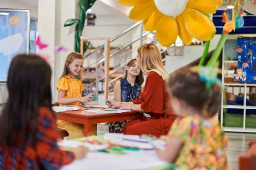 Creative kids during an art class in a daycare center or elementary school classroom drawing with female teacher