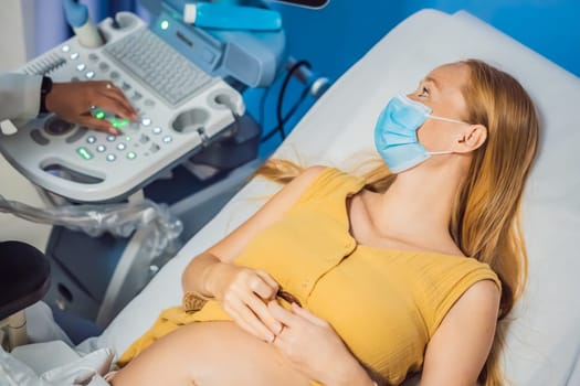 In the Hospital, Close-up Shot of the Doctor does Ultrasound Sonogram Procedure to a Pregnant Woman. Obstetrician Moving Transducer on the Belly of the Future Mother.