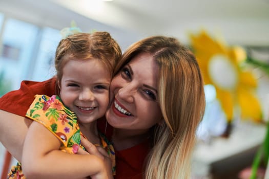 A cute little girl kissing and hugs her mother in preschool. High quality photo