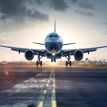 Front view of a passenger plane landing on the runway