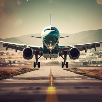 Front view of a passenger plane landing on the runway