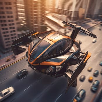 The flying car of the future flies in the city. A vision for the future