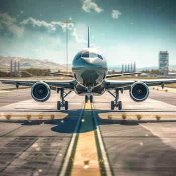 Front view of a passenger plane landing on the runway