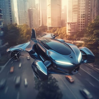 The flying car of the future flies in the city. A vision for the future