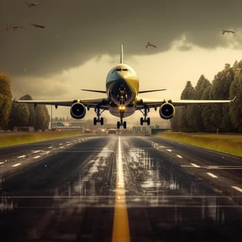 Front view of a passenger plane landing on the runway